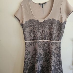 BCBGMaxAzria Tan and Black Lace Midi Dress